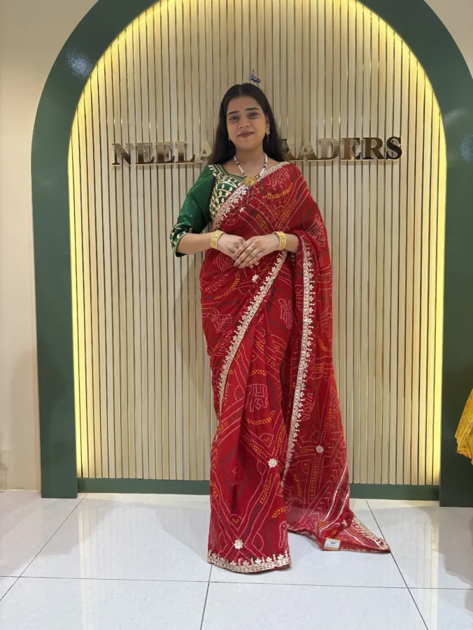 NEELAM TRADERS NEW LAUNCH TRENDING Chunri bandhej saree with gotta patti Work all over in georgette fabric