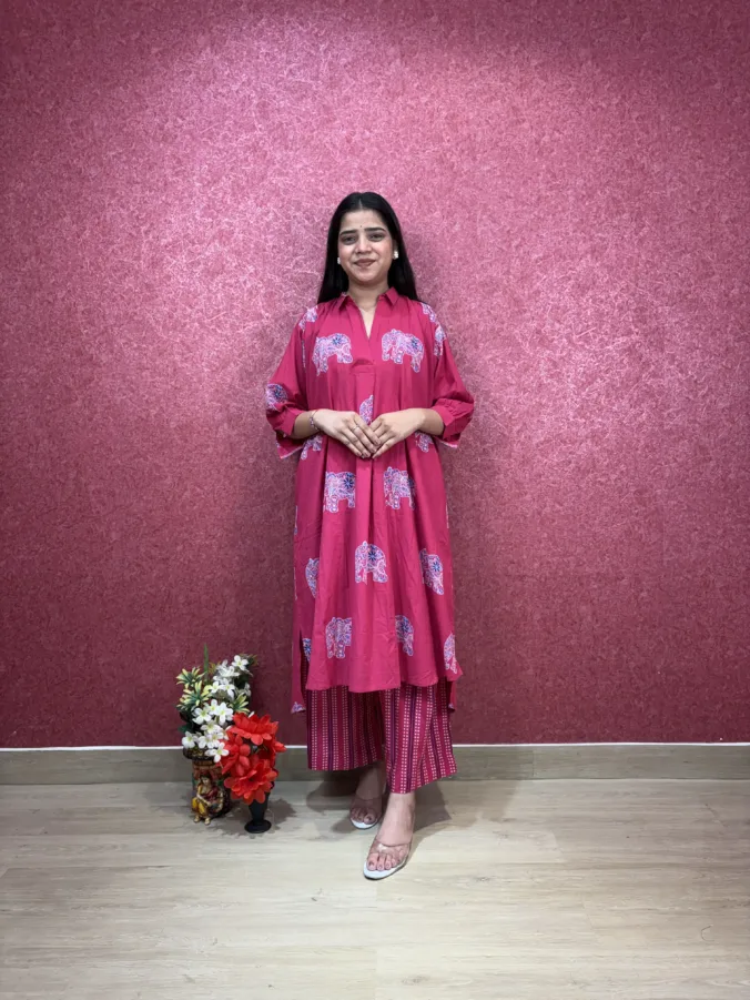 Trending New Cotton Elephant Print Kurta Set with Printed Palazzo