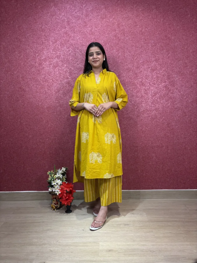 Trending New Cotton Elephant Print Kurta Set with Printed Palazzo