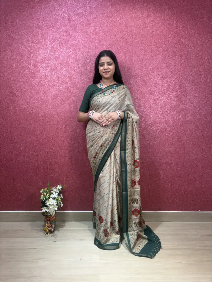 NEELAM TRADERS NEW LAUNCH DIGITAL PRINT SAREE WITH CHIKU BASE AND MIRROR WORK IN MUL COTTON FABRIC