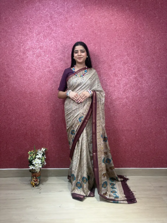 NEELAM TRADERS NEW LAUNCH DIGITAL PRINT SAREE WITH CHIKU BASE AND MIRROR WORK IN MUL COTTON FABRIC