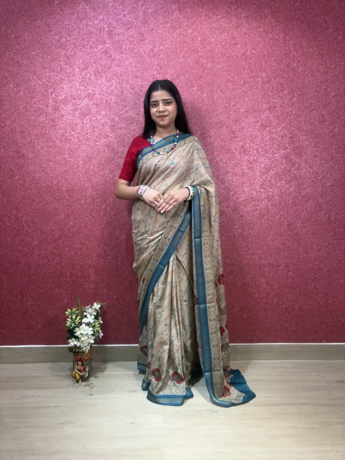 NEELAM TRADERS NEW LAUNCH DIGITAL PRINT SAREE WITH CHIKU BASE AND MIRROR WORK IN MUL COTTON FABRIC