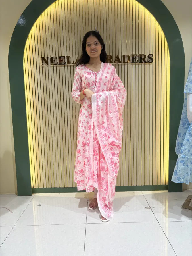 Elegant Floral Printed Cotton Straight Suit with Embroidered Neck Detailing & Matching Dupatta and Pants | Stylish Everyday Ethnic Wear for Women