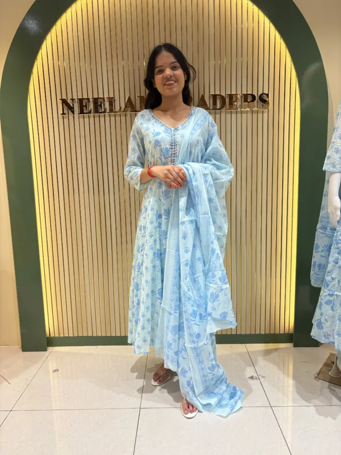 Elegant Floral Printed Cotton Straight Suit with Embroidered Neck Detailing & Matching Dupatta and Pants | Stylish Everyday Ethnic Wear for Women