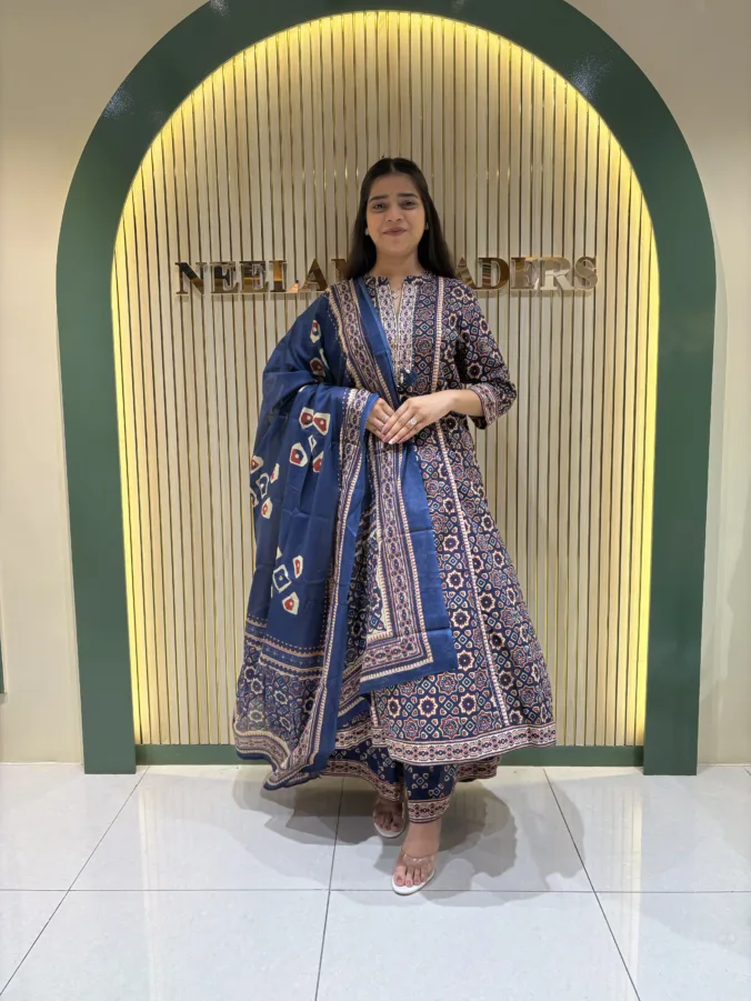 Elegant Printed Anarkali Suit with Intricate Ethnic Border Detailing & Matching Dupatta and Pants | Stylish Traditional Wear for Women