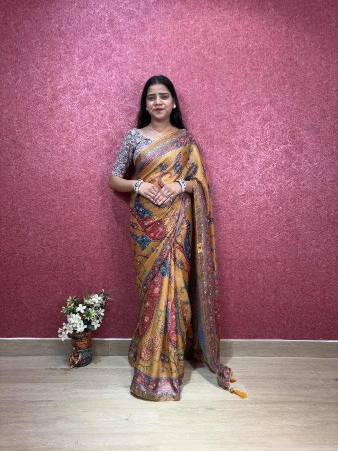 NEELAM TRADERS NEW LAUNCH VIRAL KALAMKARI SAREE WITH TASSALS & MIRROR WORK AT PALLU ALL OVER IN SOFT SILK FABRIC