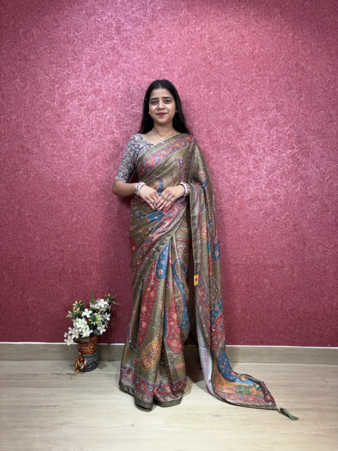 NEELAM TRADERS NEW LAUNCH VIRAL KALAMKARI SAREE WITH TASSALS & MIRROR WORK AT PALLU ALL OVER IN SOFT SILK FABRIC