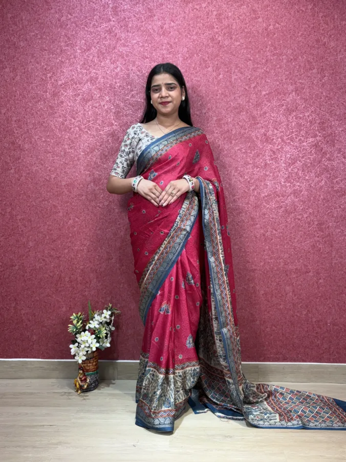 NEELAM TRADERS NEW LAUNCH HEAVY KALAMKARI WORK SAREE WITH ZARI BORDER ALL OVER IN SOFT MELLOW SILK FABRIC