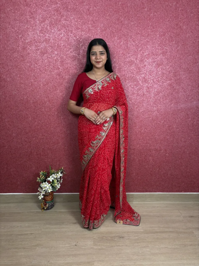 NEELAM TRADERS NEW LAUNCH BANDEHJ SAREE WITH HEAVY PEACOCK ARTICAL IN SOFT GEORGETTE FABRIC
