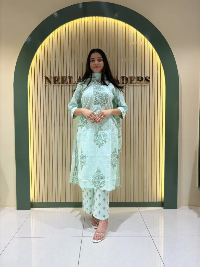 Stylish Printed Straight Suit with Elegant Floral Embroidered Neck Design and Gracefully Designed Matching Palazzo