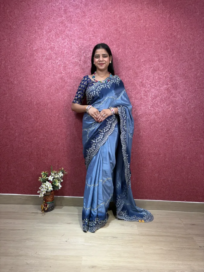 NEELAM TRADERS NEW LAUNCH DOUBLE COLOUR SHADE SAREE WITH HEAVY THREAD WORK ALL OVER IN SOFT SILK FABRIC