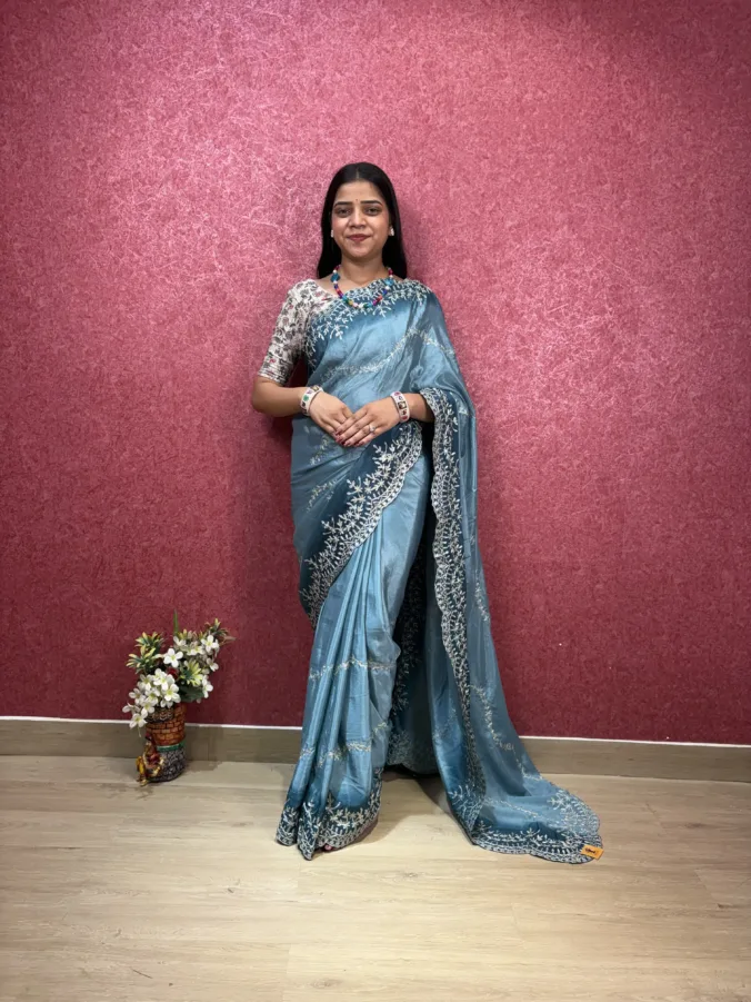 NEELAM TRADERS NEW LAUNCH DOUBLE COLOUR SHADE SAREE WITH HEAVY THREAD WORK ALL OVER IN SOFT SILK FABRIC