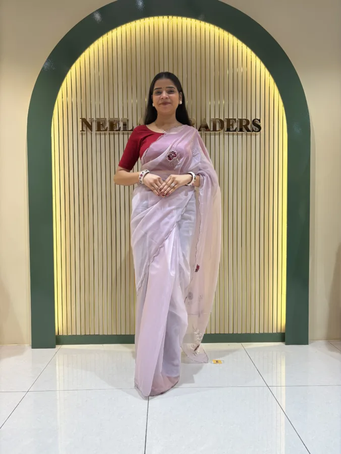 NEELAM TRADERS NEW LAUNCH BANDHEJ BLOUSE SAREE WITH HEAVY CUTWORK AND APPLIC WORK ALL OVER IN TISSUE FABRIC