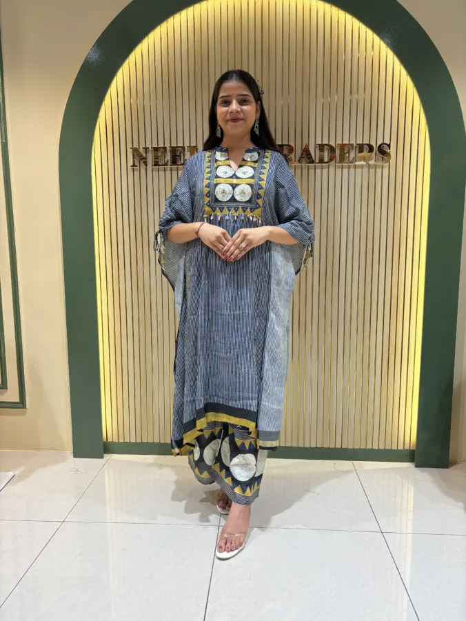 Stylish Printed Garba Special Co-Ord Suit with Elegant Mirror & Patchwork Yoke Design, Statement Flared Sleeves and Gracefully Designed Matching Palazzo