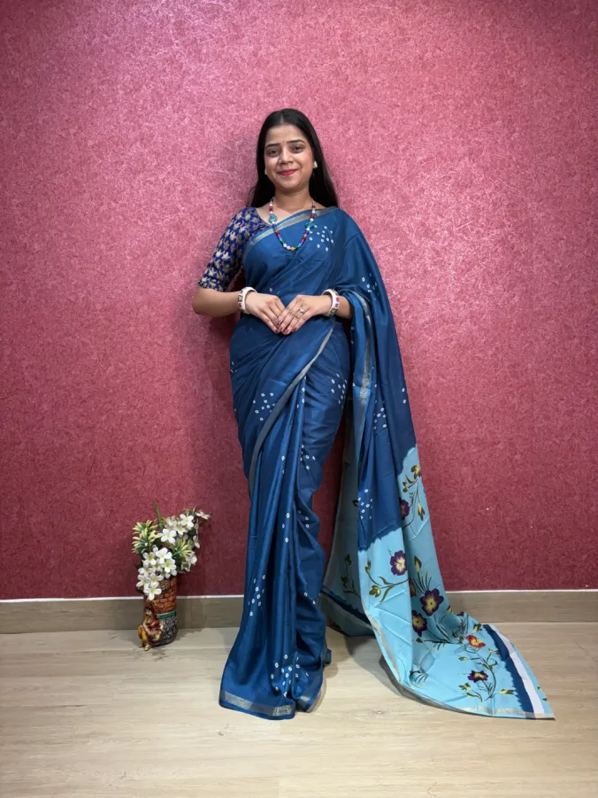 NEELAM TRADERS NEW LAUNCH dark and light shade bandhej work saree with heavy kalamkari pallu in soft silk fabric