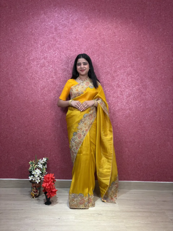 NEELAM TRADERS NEW LAUNCH PARTYWEAR KALAMAKRI WORK SAREE WITH UNIQUE BORDER IN TISSUE FABRIC