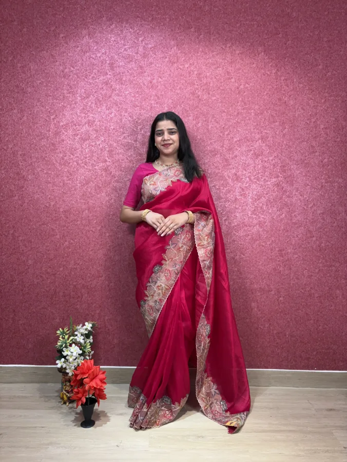 NEELAM TRADERS NEW LAUNCH PARTYWEAR KALAMAKRI WORK SAREE WITH UNIQUE BORDER IN TISSUE FABRIC