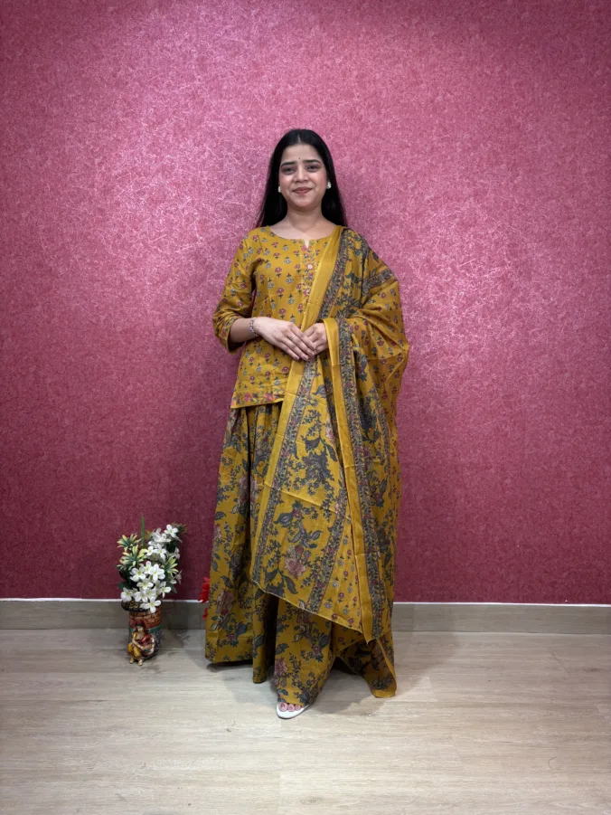 Floral Printed Pure Cotton Suit Set with Matching Palazzo & Designer Printed Dupatta