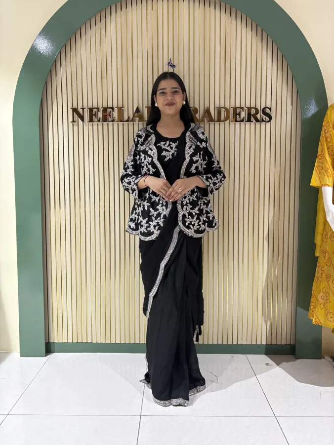 NEELAM TRADERS NEW LAUNCH Ready to wear saree with sequence and pearl work all over with stitched inner and with stitched kotti in pure fabric