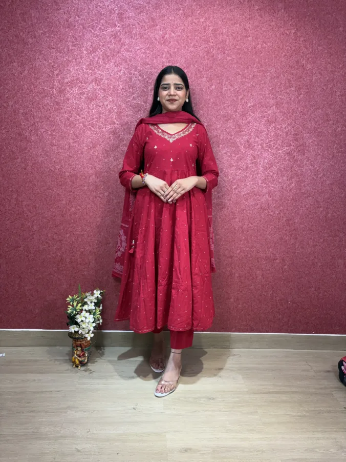 Elegant Embroidered Anarkali Suit with Intricate Neckline Detailing & Matching Pants | Premium Festive & Ethnic Wear for Women
