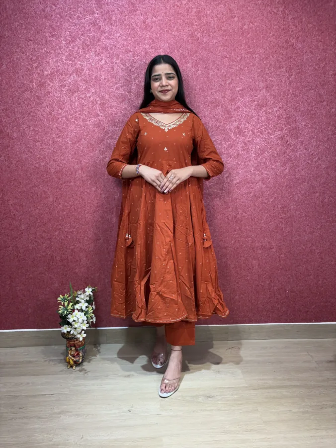 Elegant Embroidered Anarkali Suit with Intricate Neckline Detailing & Matching Pants | Premium Festive & Ethnic Wear for Women